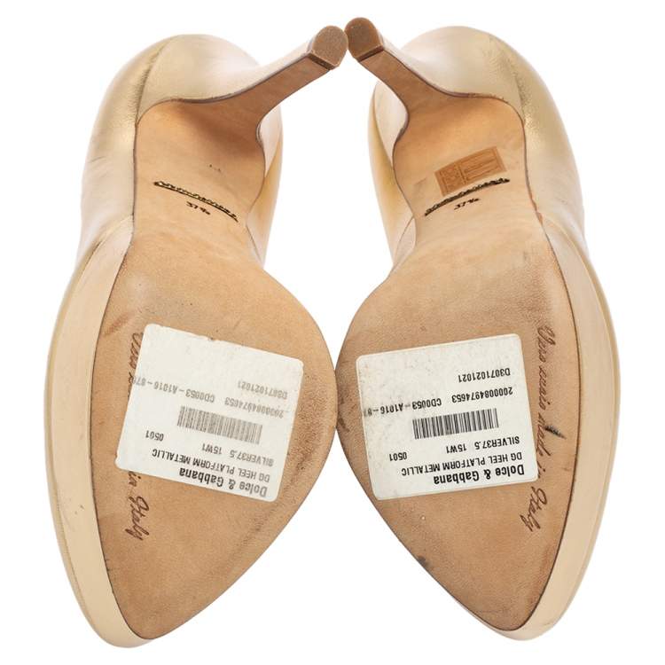 Pre Owned Dolce & Gabbana Gold Leather Platform Pumps Size 37.5