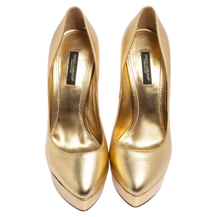 Pre Owned Dolce & Gabbana Gold Leather Platform Pumps Size 37.5