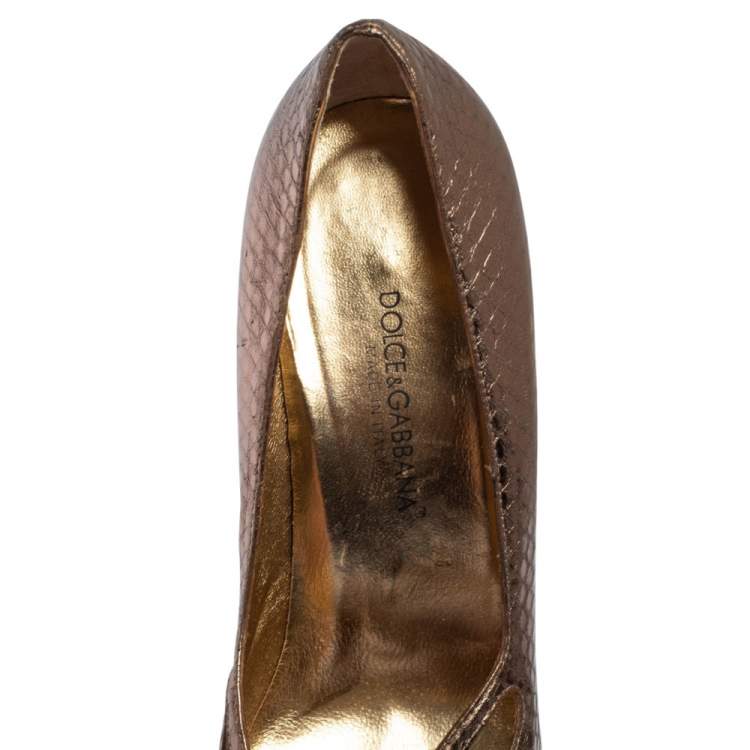 Pre Owned Dolce & Gabbana Gold Python Embossed Leather Peep Toe Bow Pumps Size 37.5