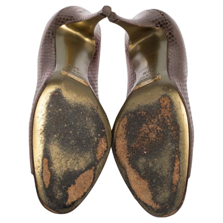 Pre Owned Dolce & Gabbana Gold Python Embossed Leather Peep Toe Bow Pumps Size 37.5