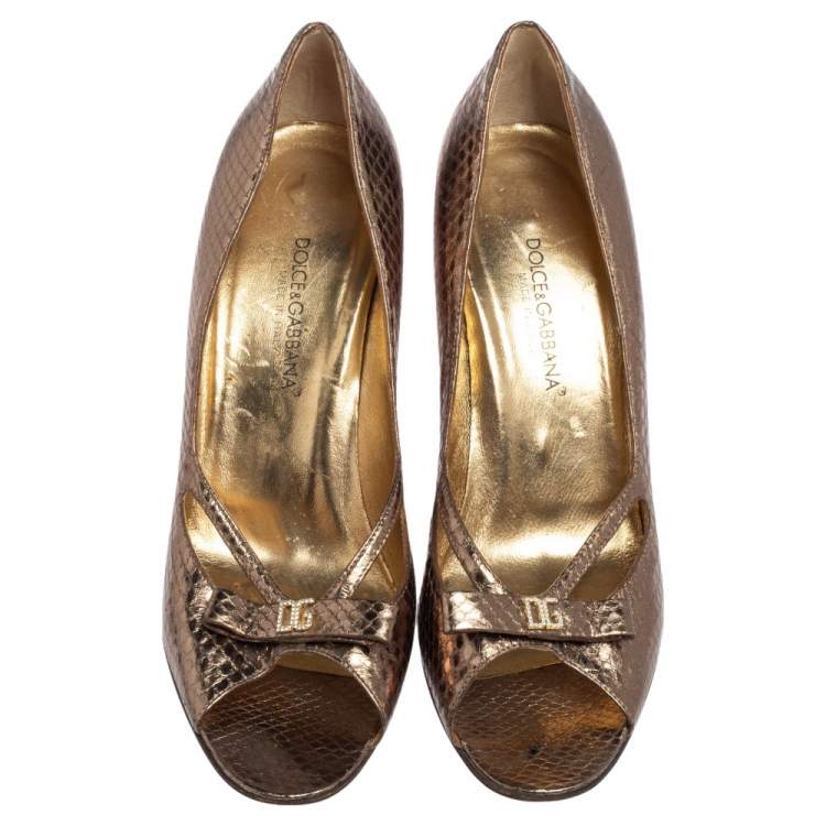Pre Owned Dolce & Gabbana Gold Python Embossed Leather Peep Toe Bow Pumps Size 37.5