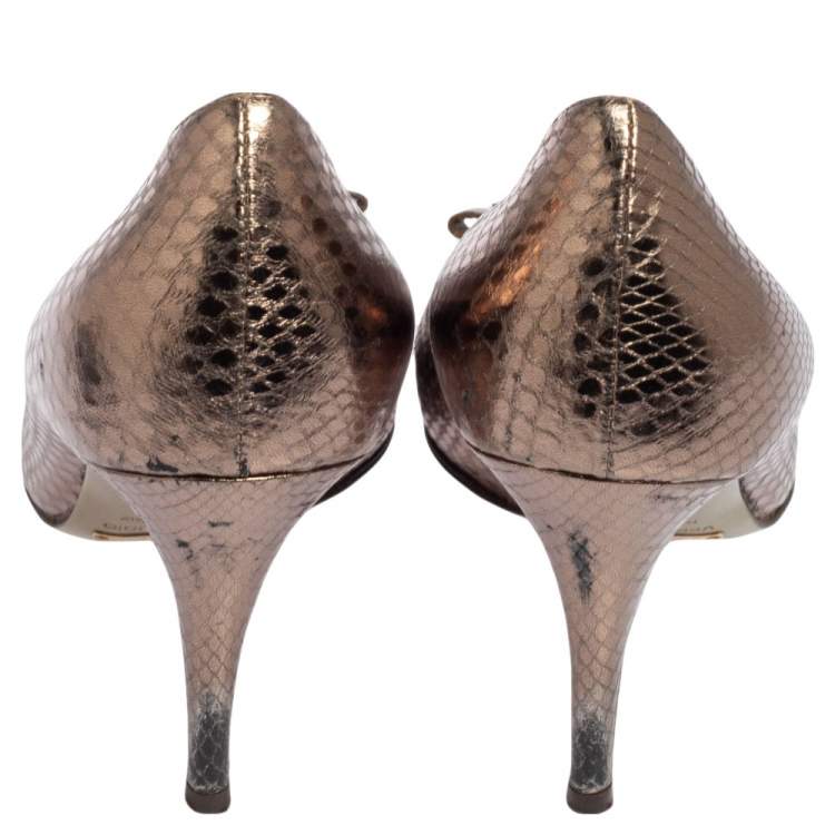 Pre Owned Dolce & Gabbana Gold Python Embossed Leather Peep Toe Bow Pumps Size 37.5