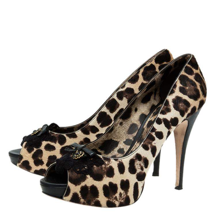 Pre Owned Dolce & Gabbana Beige Leopard Print Pony Hair Bow Peep Toe Pumps Size 40