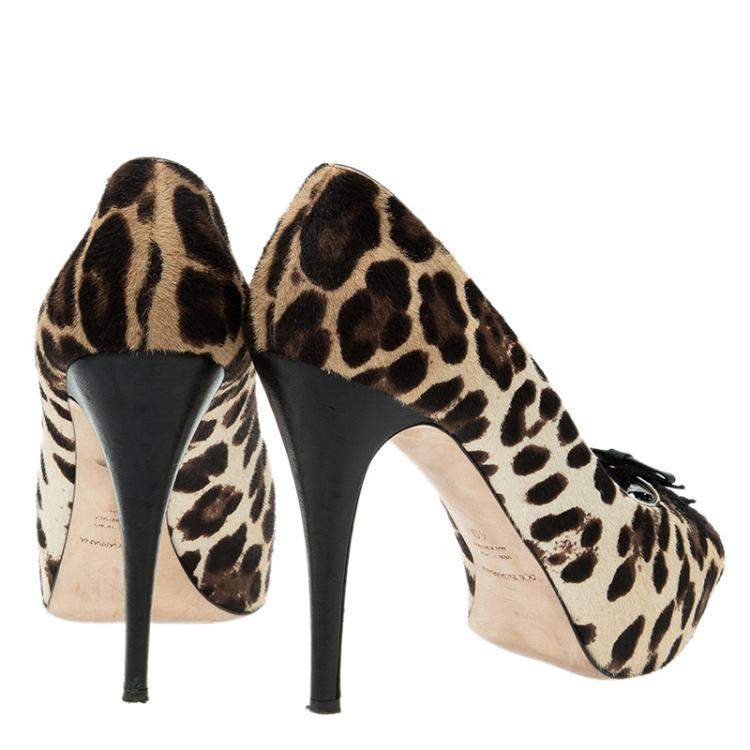 Pre Owned Dolce & Gabbana Beige Leopard Print Pony Hair Bow Peep Toe Pumps Size 40