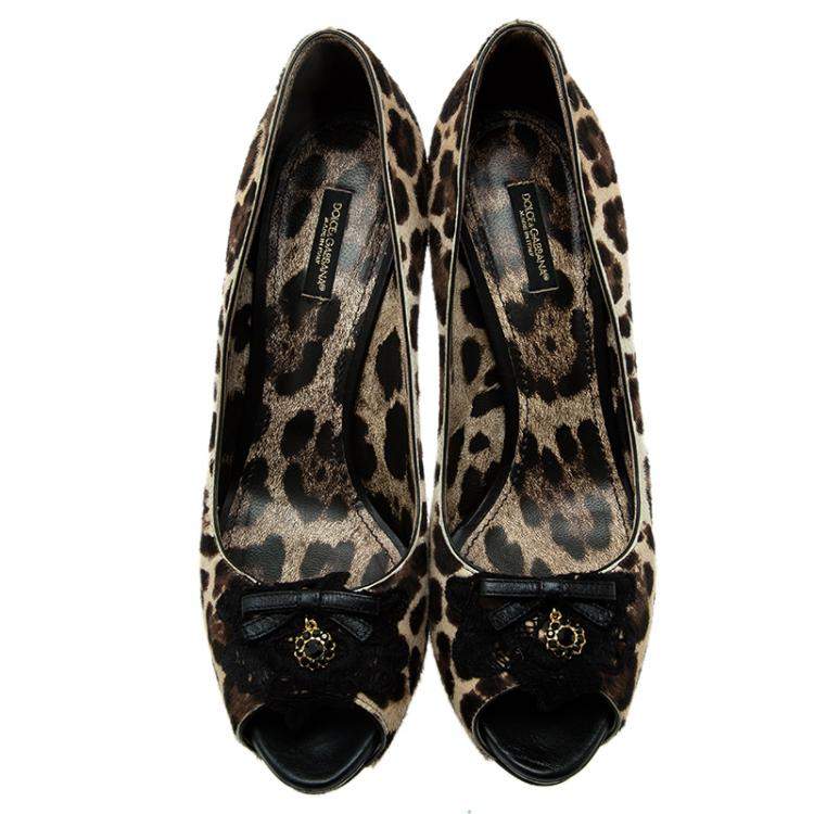 Pre Owned Dolce & Gabbana Beige Leopard Print Pony Hair Bow Peep Toe Pumps Size 40