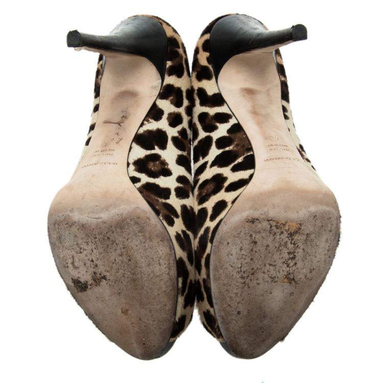 Pre Owned Dolce & Gabbana Beige Leopard Print Pony Hair Bow Peep Toe Pumps Size 40