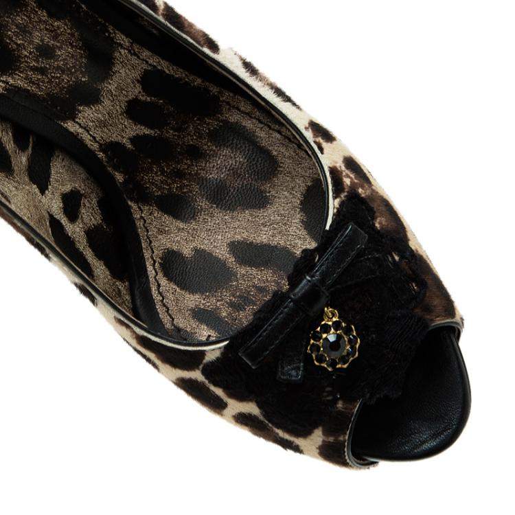 Pre Owned Dolce & Gabbana Beige Leopard Print Pony Hair Bow Peep Toe Pumps Size 40