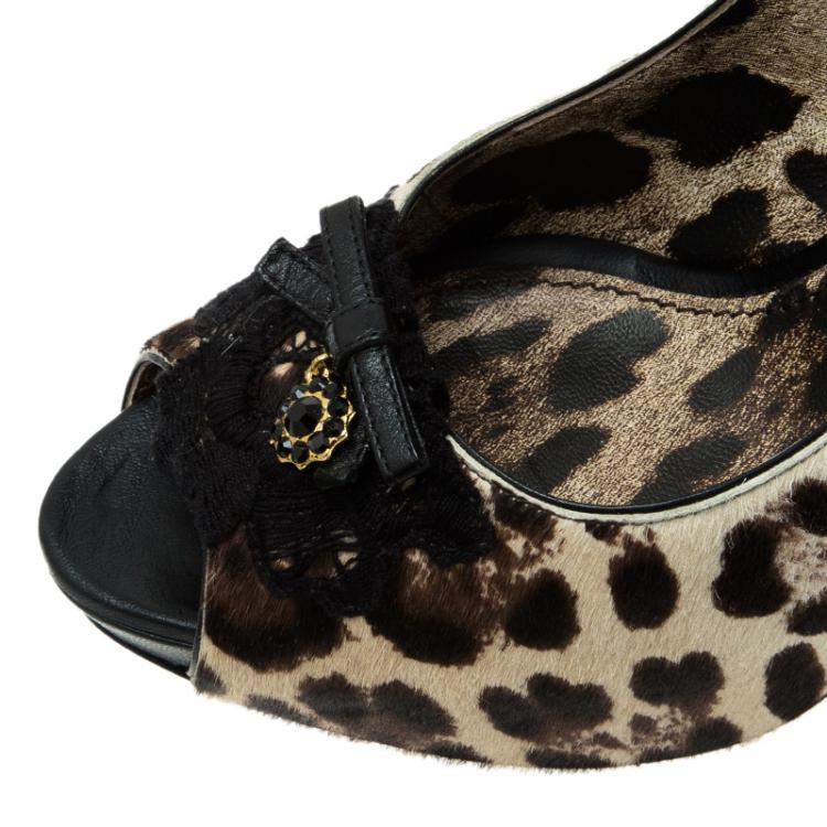 Pre Owned Dolce & Gabbana Beige Leopard Print Pony Hair Bow Peep Toe Pumps Size 40