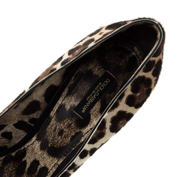 Pre Owned Dolce & Gabbana Beige Leopard Print Pony Hair Bow Peep Toe Pumps Size 40