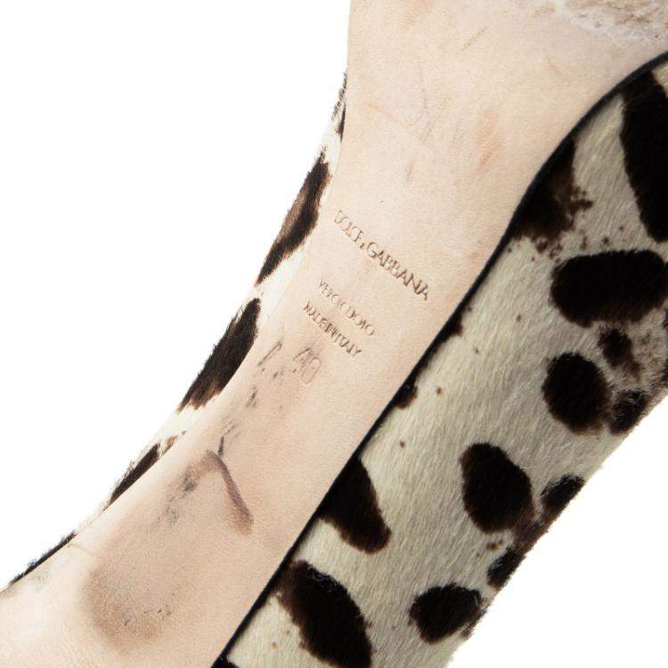 Pre Owned Dolce & Gabbana Beige Leopard Print Pony Hair Bow Peep Toe Pumps Size 40