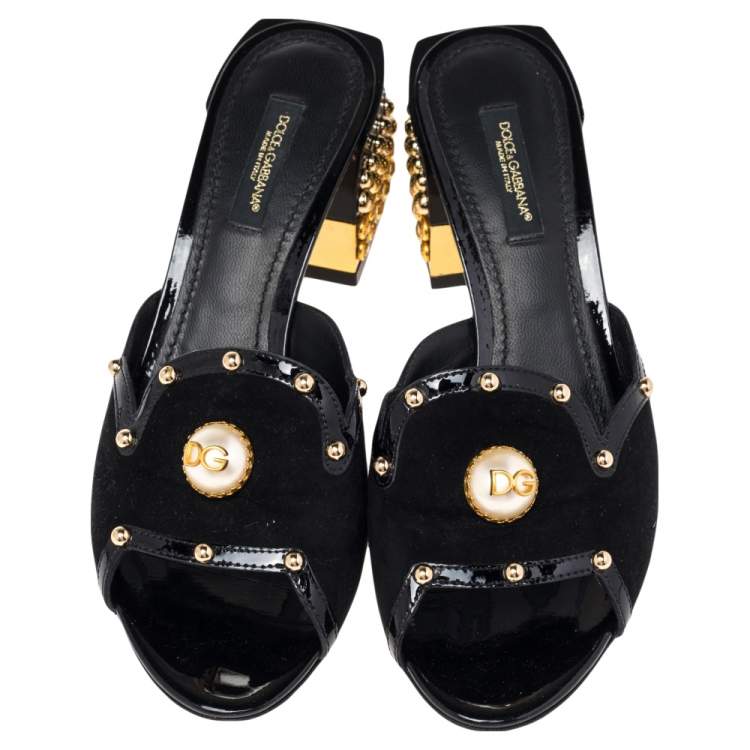 Pre Owned Dolce & Gabbana Black Suede And Patent Leather Sandals Size 36