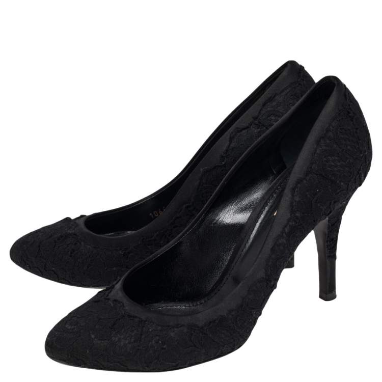 Pre Owned Dolce & Gabbana Black Black Satin And Floral Lace Pointed Toe Pumps Size 40