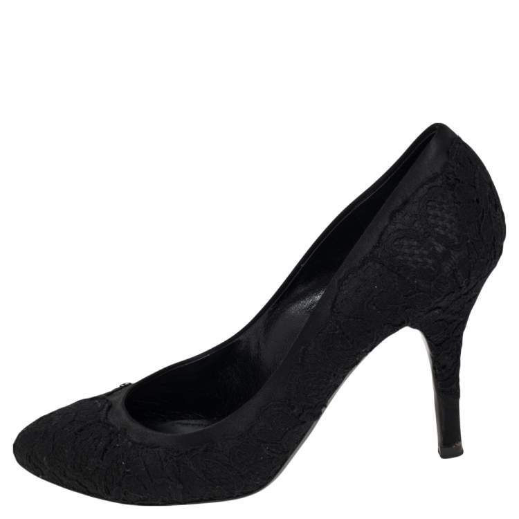 Pre Owned Dolce & Gabbana Black Black Satin And Floral Lace Pointed Toe Pumps Size 40