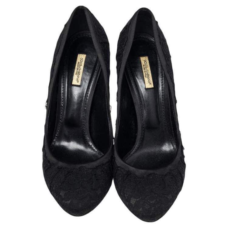 Pre Owned Dolce & Gabbana Black Black Satin And Floral Lace Pointed Toe Pumps Size 40