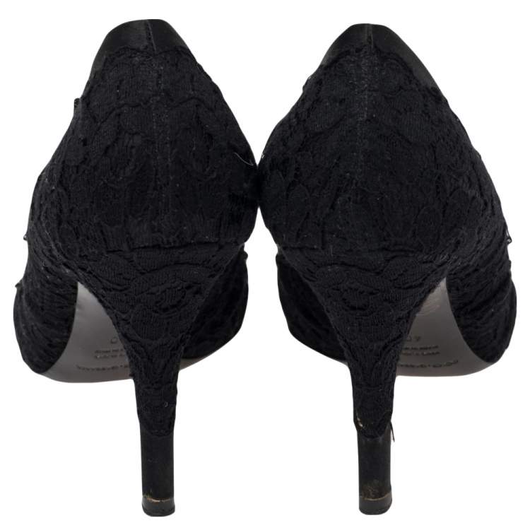 Pre Owned Dolce & Gabbana Black Black Satin And Floral Lace Pointed Toe Pumps Size 40