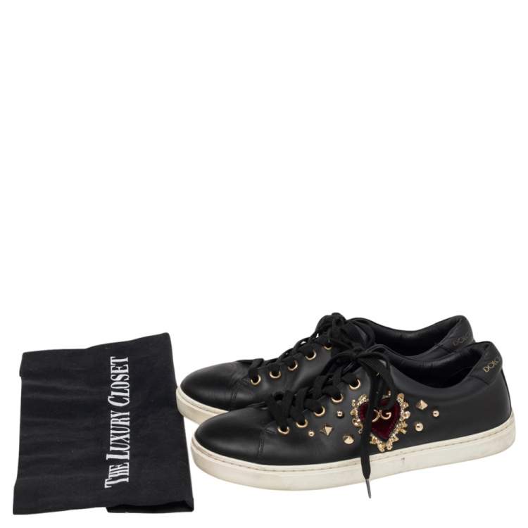 Pre Owned Dolce & Gabbana Black Leather Heart Embellished Portofino Low Top Sneakers Size 37