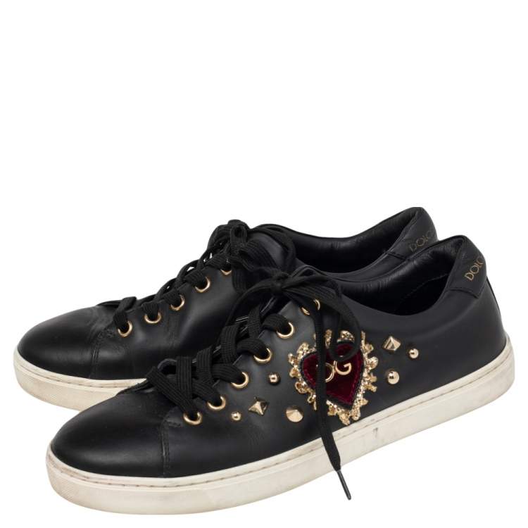 Pre Owned Dolce & Gabbana Black Leather Heart Embellished Portofino Low Top Sneakers Size 37