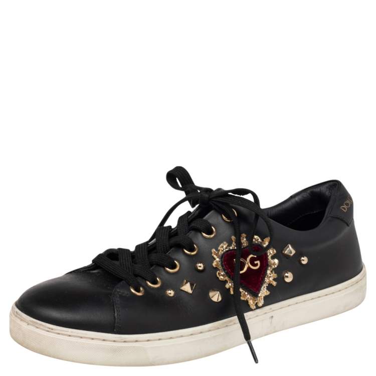 Pre Owned Dolce & Gabbana Black Leather Heart Embellished Portofino Low Top Sneakers Size 37