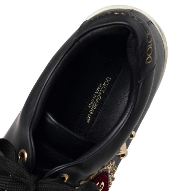 Pre Owned Dolce & Gabbana Black Leather Heart Embellished Portofino Low Top Sneakers Size 37