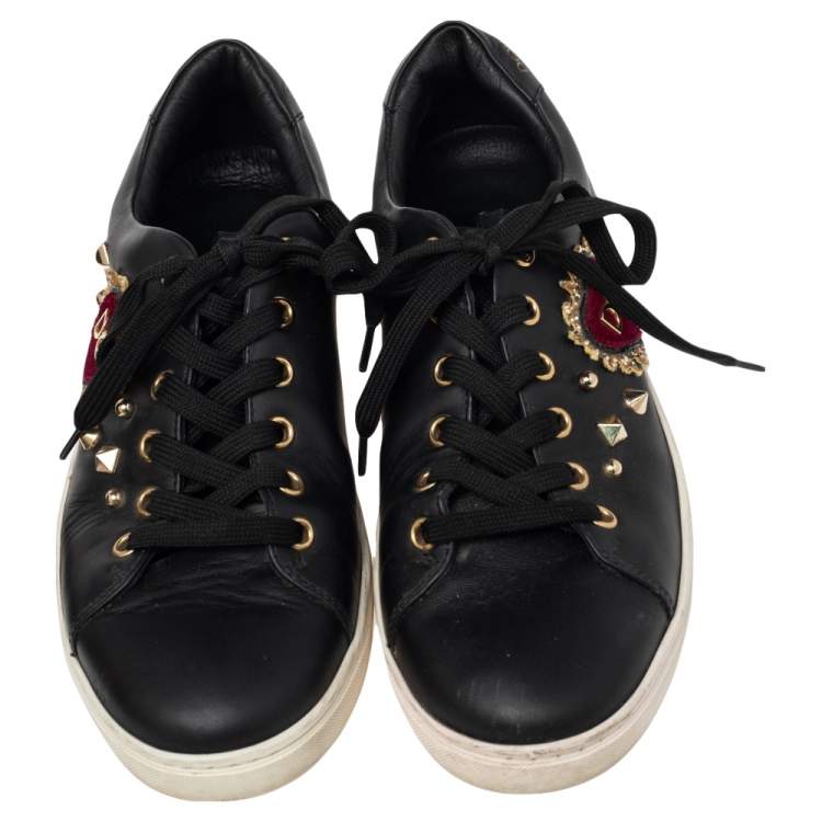Pre Owned Dolce & Gabbana Black Leather Heart Embellished Portofino Low Top Sneakers Size 37