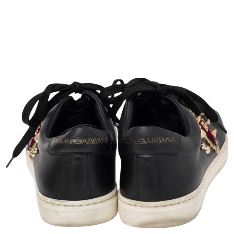 Pre Owned Dolce & Gabbana Black Leather Heart Embellished Portofino Low Top Sneakers Size 37