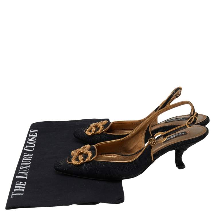 Pre Owned Dolce & Gabbana Tweed And Fabric Logo Embellished Slingback Sandals Size 36.5