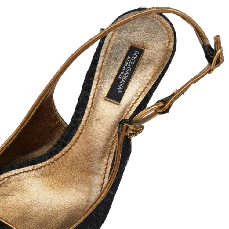 Pre Owned Dolce & Gabbana Tweed And Fabric Logo Embellished Slingback Sandals Size 36.5