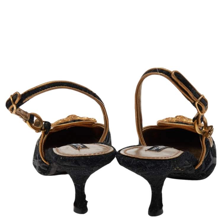 Pre Owned Dolce & Gabbana Tweed And Fabric Logo Embellished Slingback Sandals Size 36.5