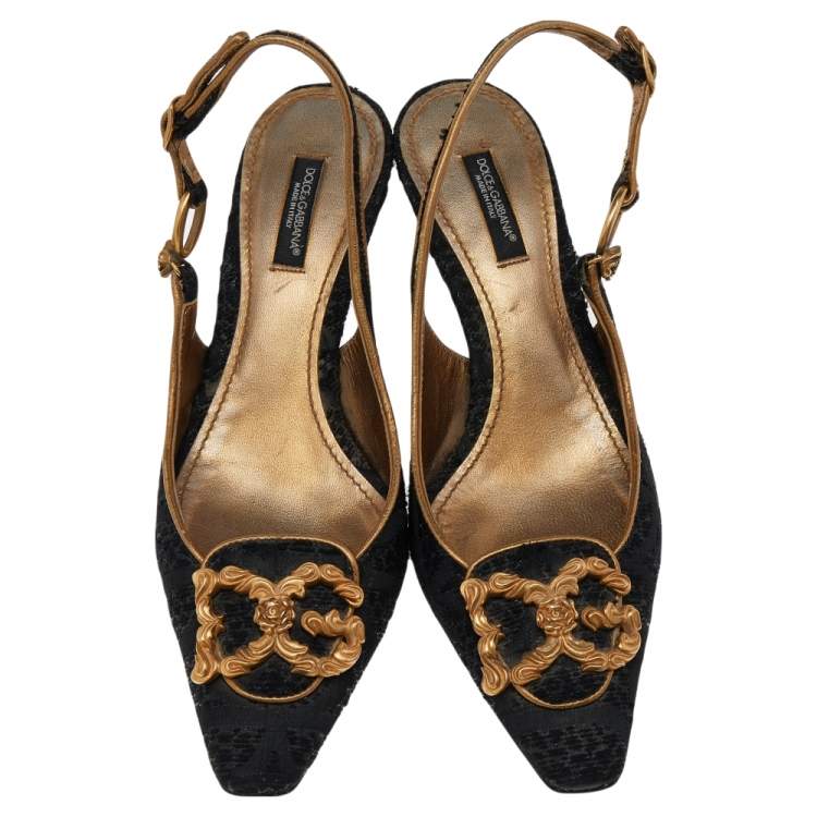 Pre Owned Dolce & Gabbana Tweed And Fabric Logo Embellished Slingback Sandals Size 36.5