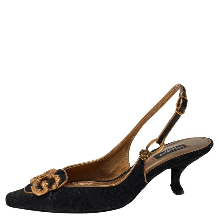 Pre Owned Dolce & Gabbana Tweed And Fabric Logo Embellished Slingback Sandals Size 36.5