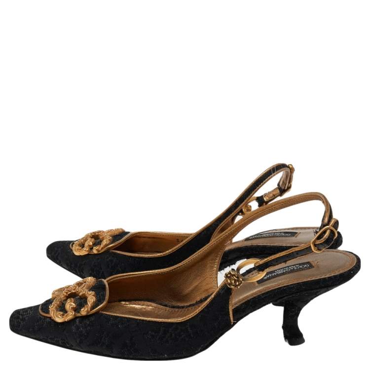 Pre Owned Dolce & Gabbana Tweed And Fabric Logo Embellished Slingback Sandals Size 36.5