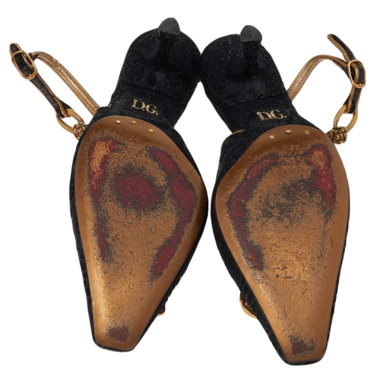 Pre Owned Dolce & Gabbana Tweed And Fabric Logo Embellished Slingback Sandals Size 36.5