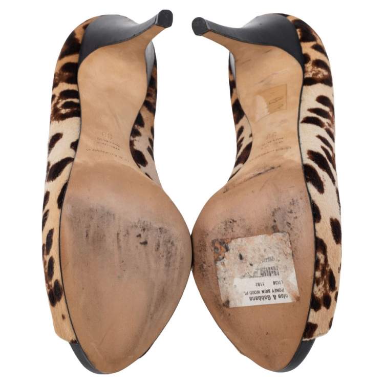 Pre Owned Dolce & Gabbana Beige Leopard Print Pony Hair Bow Peep Toe Pumps Size 38