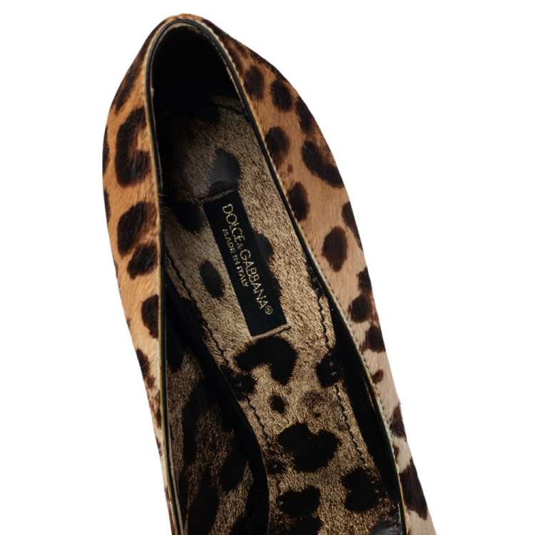 Pre Owned Dolce & Gabbana Beige Leopard Print Pony Hair Bow Peep Toe Pumps Size 38