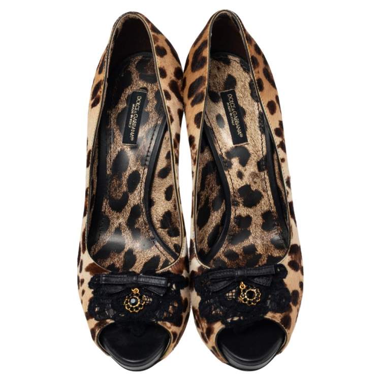 Pre Owned Dolce & Gabbana Beige Leopard Print Pony Hair Bow Peep Toe Pumps Size 38