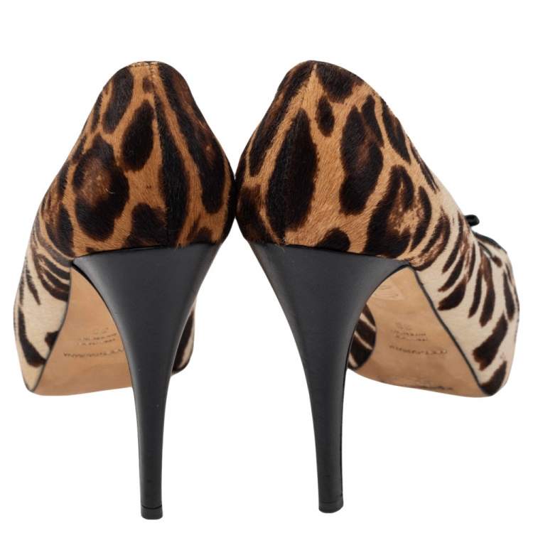 Pre Owned Dolce & Gabbana Beige Leopard Print Pony Hair Bow Peep Toe Pumps Size 38