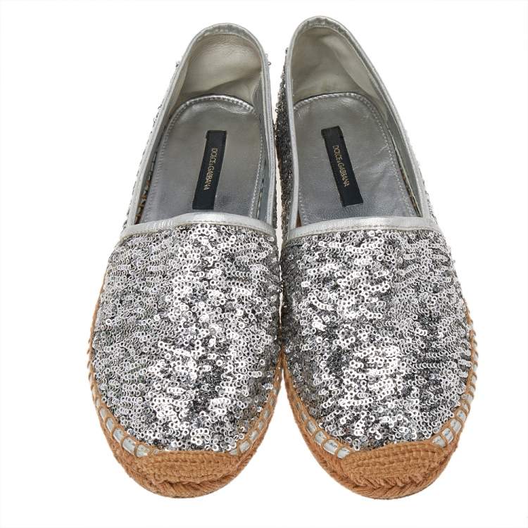 Pre Owned Dolce & Gabbana Grey Sequin Leather Espadrille Flats Size 38