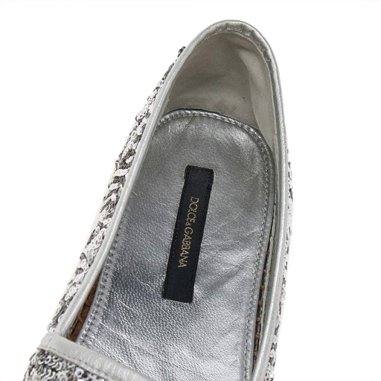 Pre Owned Dolce & Gabbana Grey Sequin Leather Espadrille Flats Size 38