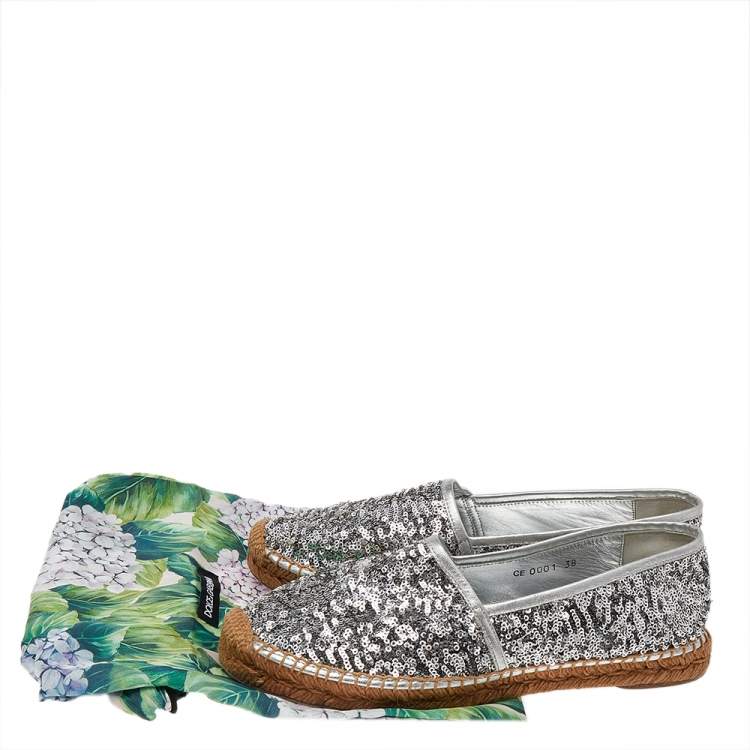 Pre Owned Dolce & Gabbana Grey Sequin Leather Espadrille Flats Size 38