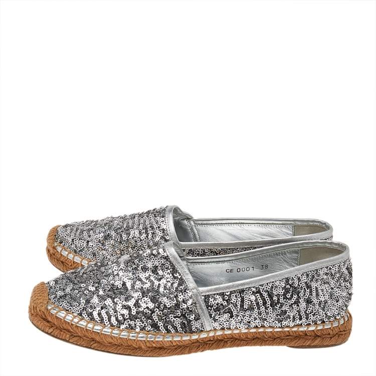 Pre Owned Dolce & Gabbana Grey Sequin Leather Espadrille Flats Size 38