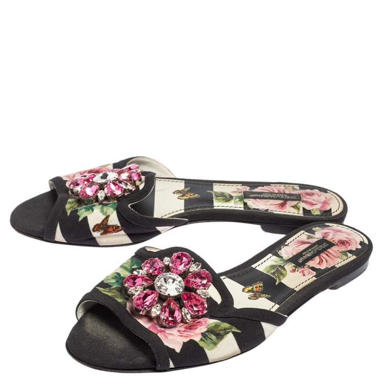 Pre Owned Dolce & Gabbana Black/Pink Floral Print Fabric Sofia Crystal Embellished Flat Slide Sandals Size 37.5