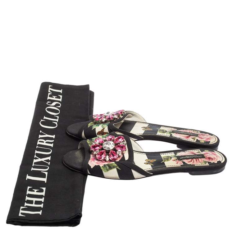 Pre Owned Dolce & Gabbana Black/Pink Floral Print Fabric Sofia Crystal Embellished Flat Slide Sandals Size 37.5