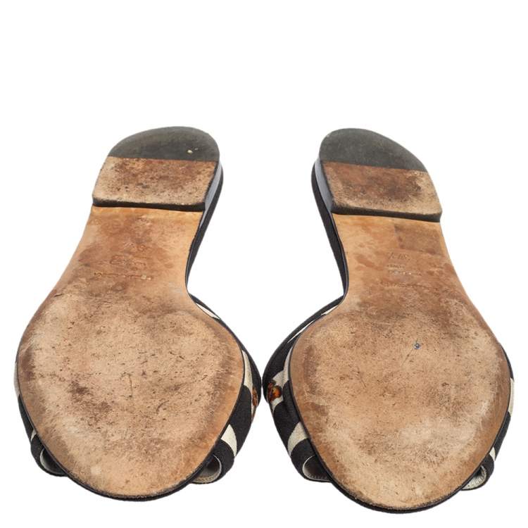 Pre Owned Dolce & Gabbana Black/Pink Floral Print Fabric Sofia Crystal Embellished Flat Slide Sandals Size 37.5