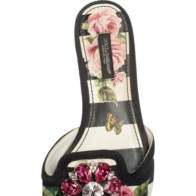 Pre Owned Dolce & Gabbana Black/Pink Floral Print Fabric Sofia Crystal Embellished Flat Slide Sandals Size 37.5