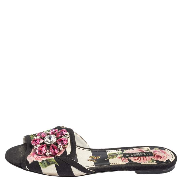 Pre Owned Dolce & Gabbana Black/Pink Floral Print Fabric Sofia Crystal Embellished Flat Slide Sandals Size 37.5