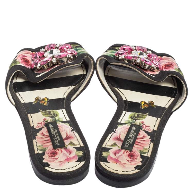 Pre Owned Dolce & Gabbana Black/Pink Floral Print Fabric Sofia Crystal Embellished Flat Slide Sandals Size 37.5