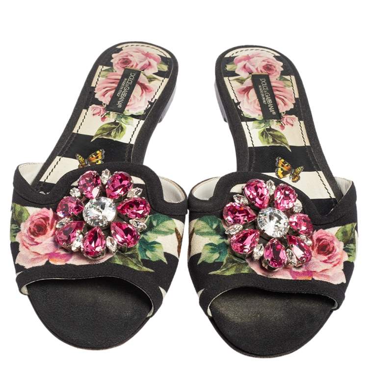 Pre Owned Dolce & Gabbana Black/Pink Floral Print Fabric Sofia Crystal Embellished Flat Slide Sandals Size 37.5