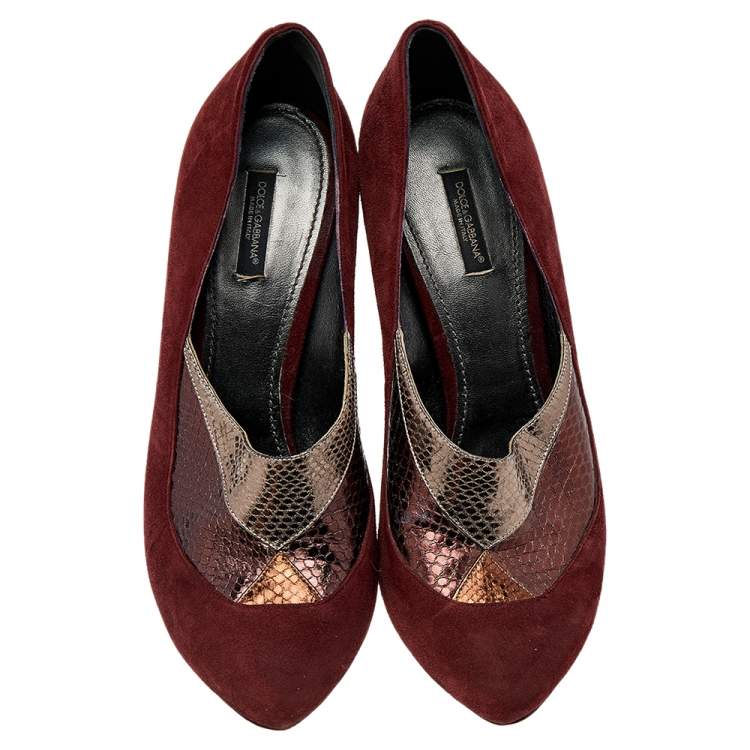 Pre Owned Dolce & Gabbana Burgundy/Brown Suede And Python Embossed Leather Pointed Toe Pumps Size 41