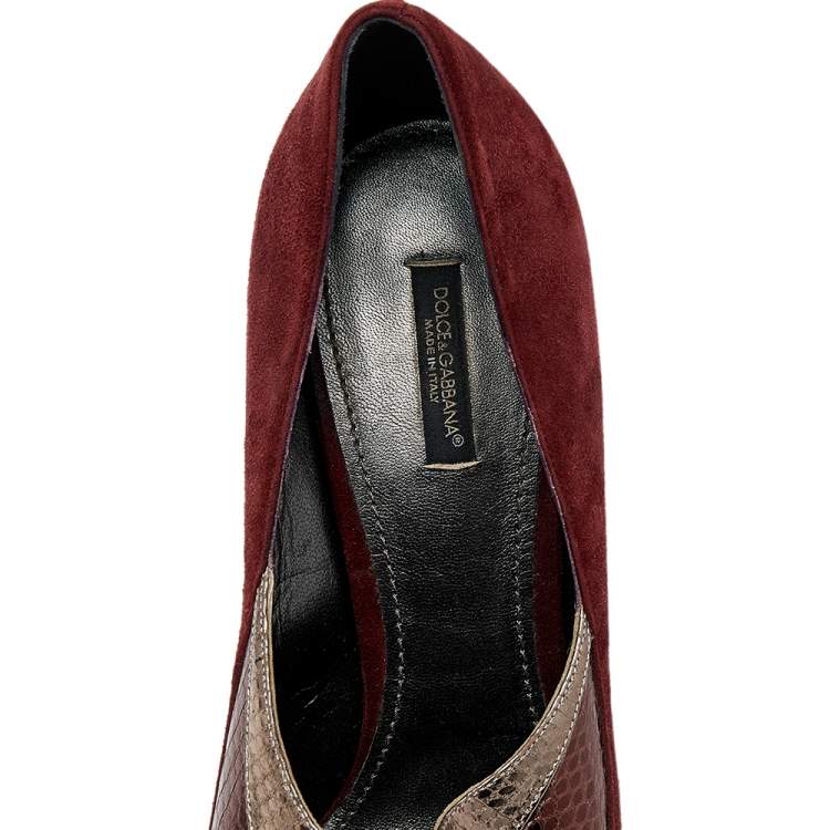 Pre Owned Dolce & Gabbana Burgundy/Brown Suede And Python Embossed Leather Pointed Toe Pumps Size 41