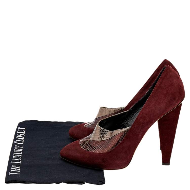 Pre Owned Dolce & Gabbana Burgundy/Brown Suede And Python Embossed Leather Pointed Toe Pumps Size 41